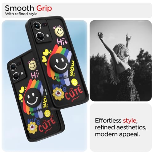 Image of Pikkme Back Cover for Oppo F21 Pro 4G | Soft Silicone| Cute Rainbow Smile & 3D Cartoon Flower Design | Shockproof Raised Camera Protection Bumper Case (Black)