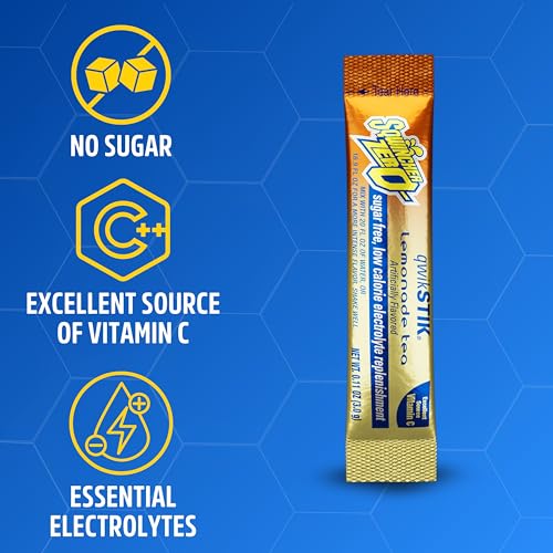 Image of Sqwincher Zero Qwik Stik, Lemonade Tea, Sugar Free, Low Calorie, Low Sodium Electrolyte Powder Hydration Drink Mix, .11 0z Packet (Pack of 50)