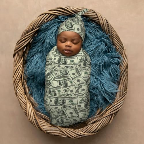 Image of Us Dollar Money Newborn Swaddle Blankets Hat Sets Soft Baby Receiving Blanket Swaddle Sack for Baby Shower Infant Boy Girl Gift