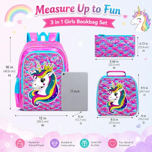 Image of CCJPX 3Pcs Unicorn Backpack, 16 inch Girls Sequin Bookbag with Lunch Box, Kids Water Resistant Elementary School Bag for Kindergarten Preschool Toddler (Rose)