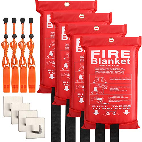 4-Pack Fire Blanket - Fiberglass Fire Blanket Fire Suppression Blanket - Fire Blankets Emergency for People - Fire Safety Blanket with Emergency Whistles - Fireblanket for Kitchen, Home