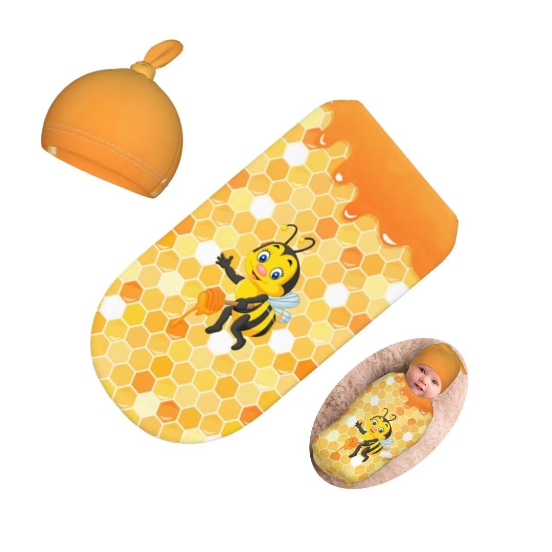 Cute Bee Newborn Swaddling Blanket Beanie Hat Sets Soft Baby Receiving Funny Bees Blanket Soft Sleeping Bag New Born Soft Sleep Sacks for Boys Girls