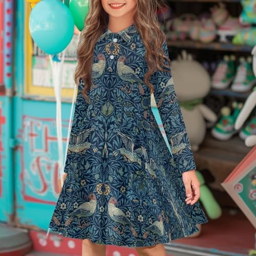 Floral Print Long Sleeve Polo Dress for Girls Flowy A Line Midi Swing Pleated Dresses for School,Playing,Holiday3