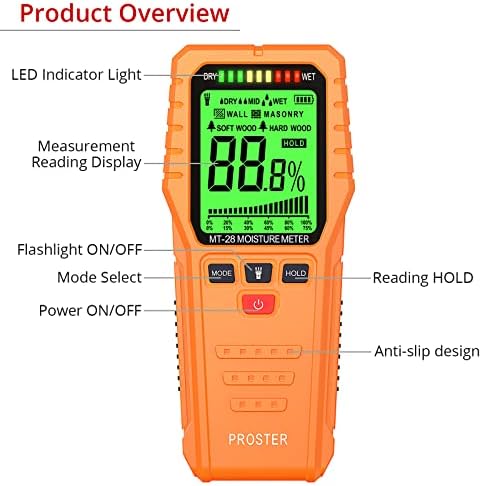 Proster Pinless Moisture Meters with Backlit LCD Screen Non-Invasive Moisture Meter Detects up to 3/4-Inch Below Surface for Non-Destructive Moisture Detection Wallboard Masonry Hardwood and Softwood