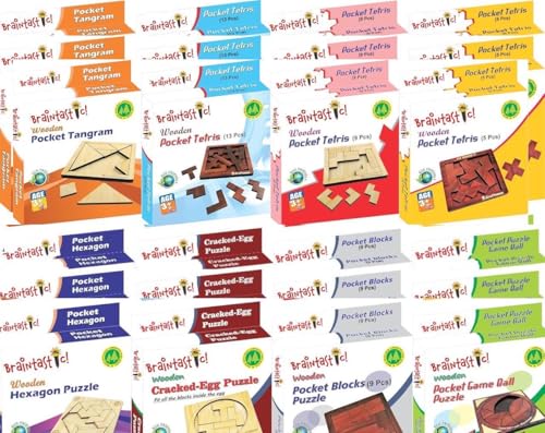 Image of Braintastic All Ages Wooden Puzzle,Travel Board Game Learning & Creative Educational Intelligence Brain Games,Pack of 24(3x8 DIY)for Birthday Return Gifts Party Pack with Travel Pouch