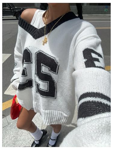 Image of BEAUDRM Women's Y2K Sweater Oversized Sweaters Long Sleeve V Neck Pullover Jumper Knit Top