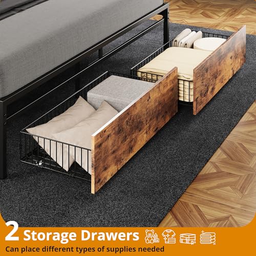Image of LIKIMIO California King Size Bed Frame with 2 Drawers and Charging Station | Platform Bed with Upholstered Storage Headboard, No Box Spring Needed, Easy Assembly, Sturdy, Vintage Brown and Black