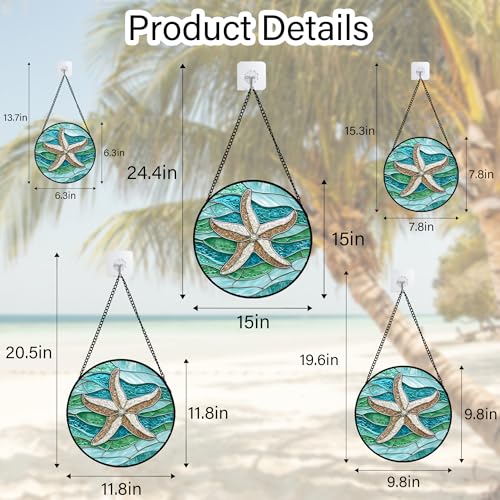 Image of DASTOLL Stained Glass Window Hanging Teal Sea Waves Starfish 6.3 inch - Suncatcher Door Garden Sun Catcher Home Decor Birthday Mother's Day for Mom Men Woman Parents Her Child Nana