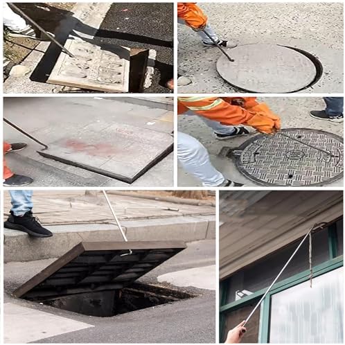 Heavy Duty Manhole Hook Tool - T-Handle Pry Bar for Sewer Drain Covers, Stainless Steel Lid Puller with J Hook, Ideal for Storm Drain and Rolling Door Access