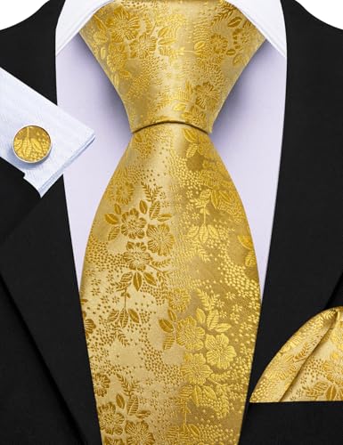 Image of Barry.Wang Flower Ties for Men Silk Woven Floral Tie Sets Necktie Handkerchief Cufflinks Wedding Party