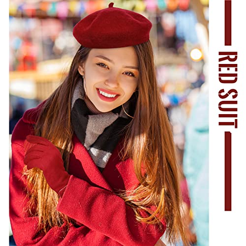Image of Beret Hats for Women Warm Winter Gloves Set 3 Pcs French Style Beanie Cap with 3 Pairs Touchscreen Windproof Gloves for Winter Using