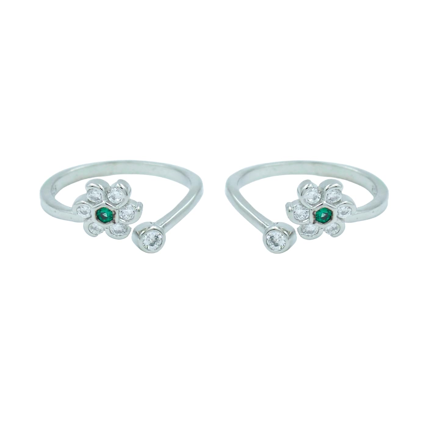 Ria Silver By Jyotichand Bhaichand 925 Silver Adjustable Toe Rings with Emerald Green CZ Floral Accent-image-24