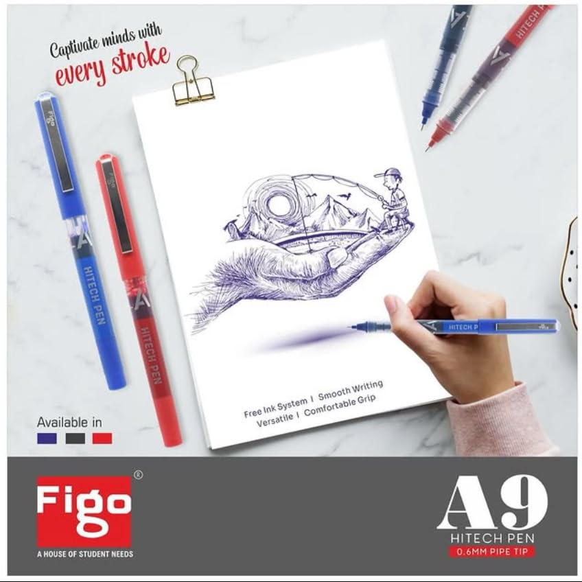 Image of Figo A9 Hi-Tech Liquid Roller Pen, 0.6mm Metal Tip, Smooth Writing, Comfortable Grip (Pack of 7) (blue)