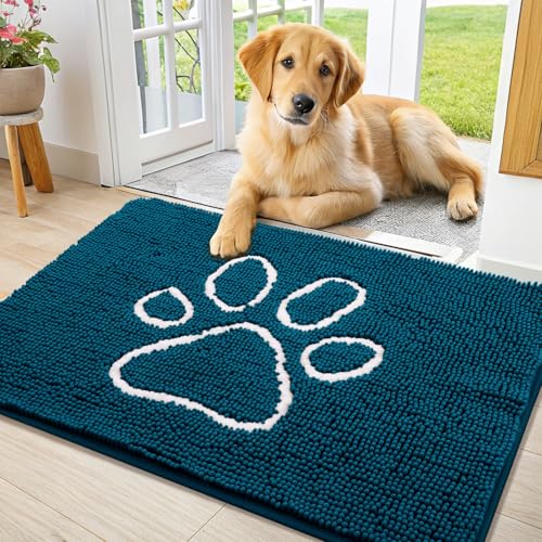 Image of Smiry Dog Door Mat for Muddy Paws, Absorbent Dirt Trapper Non Slip Quick Dry Washable Chenille Mat for Mud Dogs, Entry Rug for Indoor and Outdoor (36x24 Inches, Atlantic Blue and White)