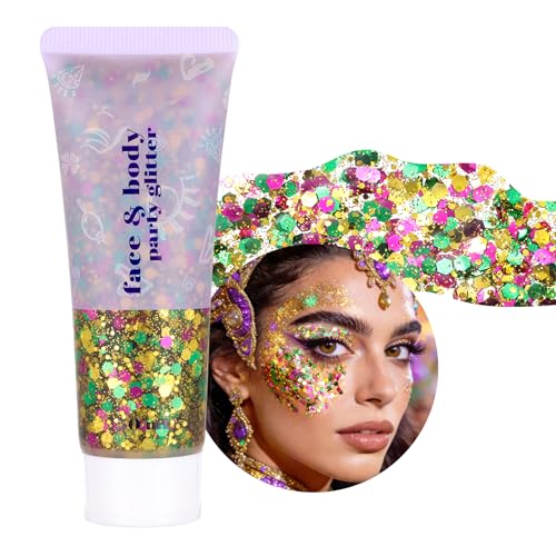 DAGEDA Mardi Gras Body Glitter Gel Green Gold Purple Face Hair Glitter Carnival Accessories Chunky Glitters for Mardi Gras Outfit Accessories Laser Powder Hair Sparkles Festival Sequins Makeup