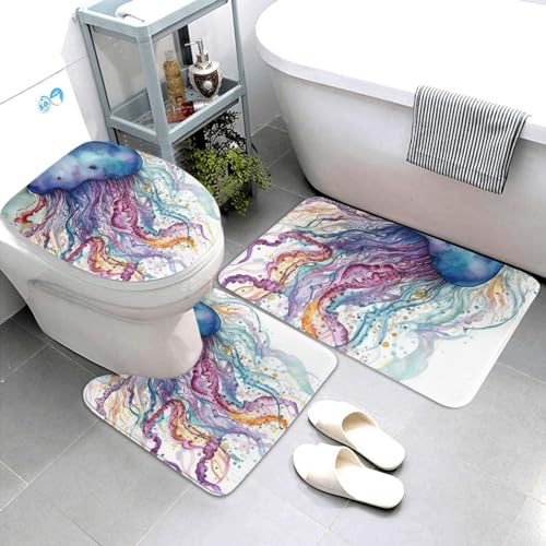 Dwrepo Watercolor Jellyfish Print Bathroom Rug Set 3 Piece with Non-Slip U-Shaped Contour Mat and Toilet Lid Cover for Bathroom Decoration
