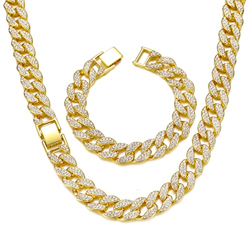 Saintda Gold Cuban Link Chain For Men Women Necklace Bracelet Jewelry Set Fake Diamond Iced Out Mens Bling Thick Necklaces Choker Chains (Gold-14mm 18inch)