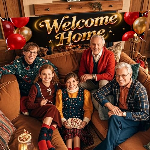 Image of Nuxovilar Welcome Home Banner Golden Red Balloon 17.7x78.7 Polyester