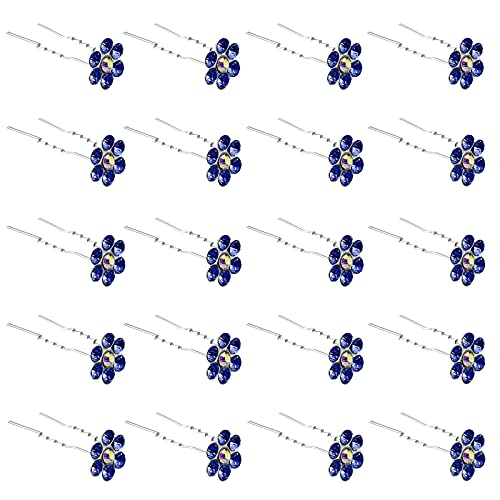 ZOUIQSS 20 Pack (Navy) Crystal Flower Hair Pins Rhinestone Hair Clips for Bridal Wedding Women Hair Jewelry Accessories,with Clear Container