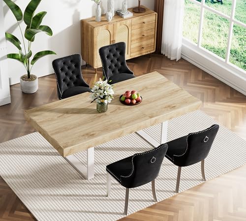 Image of Oak Dining Room Table Set for 4, 5-Piece 63 inch-78.74 inch Extendable Dining Table Set with 4 Upholstered Chairs, Rectangle Wooden Expanding Kitchen Table and Black Chairs Set