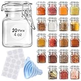 SKOCHE Spice Jars 20 Pack Small 4 oz Glass Jars with Airtight Hinged Lids, Spice Herb Jars with Labels and Silicone Funnels, 4oz Glass Jars with Lids Ideal for Spice Herbs