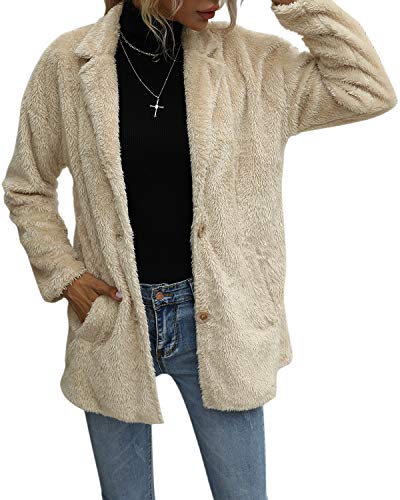 Manydress Women's Long Sleeve Button Down Warm Outwear Faux Shearling Shaggy Cardigan Coat Jacket With Pockets MY079 (Beige, L)