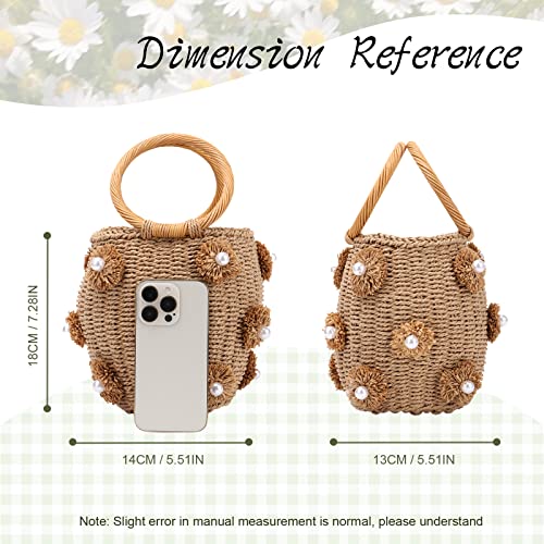Lanpet Straw Beach Bag for Women Summer Drawstring Woven Tote Bag Flower Pearls Bucket Handbags3