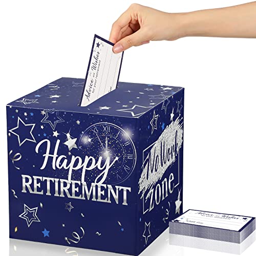 Funrous 51 Pcs Retirement Card Box Happy Retirement Party Favors Well Wish And Advice Cards For Retirement Party Decorations Card Box Going Away Party Decorations Supplies (Blue And Silver) #TOP6