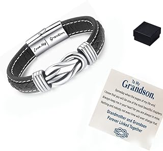 to My Grandson Grandmother & Grandson Forever Linked Together Leather Braided Bracelet, Men's Braided Leather Knot Wristband Cuff Bracelet with Stainless Steel Magnetic Closure (8.46inch)