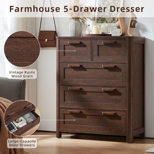Image of Joaxswe Farmhouse 5 Drawer Dresser for Bedroom, Vertical Dressers Chest of Drawers with 5 Deep Drawers & 4 Thickened Table Legs & Rounded Corners, Walnut