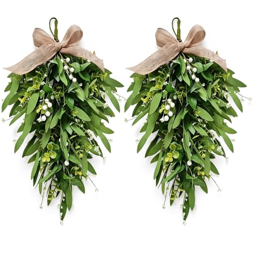 2 PCS 24 Summer Greenery Swags for Front Door Artificial Green Eucalyptus Teardrop Swags with Olive Leaves Mixed Berry Hanging Swag for Farmhouse Wedding Kitchen Cabinet Home Outdoor Decor