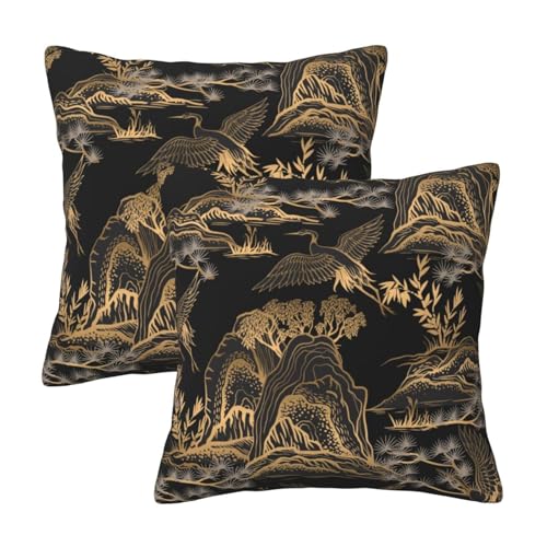 Image of HOSTECCO Chinoiserie Landscape Cushion Covers 45x45 cm Set of 2 Gold Mountain Trees Cushion Cases Japanese Decorative Pillow Covers for Sofa Couch