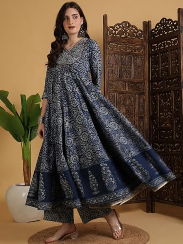 Image of MEERA FAB Women Floral Printed Pure Cotton Anarkali Kurta with Palazzos & Dupatta
