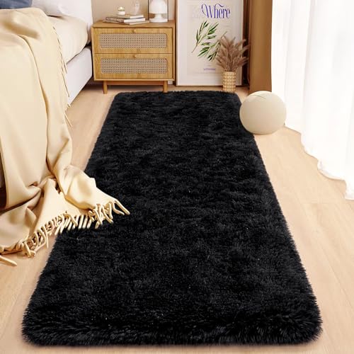 HOMORE Runner Rug 2x6 Black Rug for Bedroom, Fluffy Runner Rugs for Hallway Living Room, Non Slip Rugs for Indoor Entrance Memory Foam Carpet for Kids Room Dorm