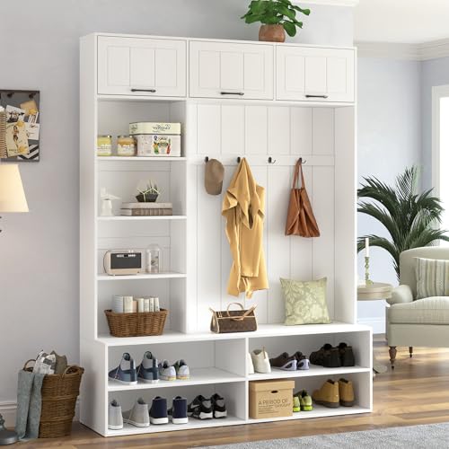 Image of 5-in-1 Hall Tree with Bench, Entryway Storage Organizer Cabinet, White