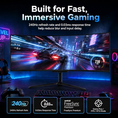 Image of Deco Gear 49-inch QD-OLED Curved Gaming Monitor, 240Hz, 5120x1440 DQHD, Black, 32:9 Ultrawide Display, HDR400, 0.03ms Response, USB-C 90W, KVM Switch