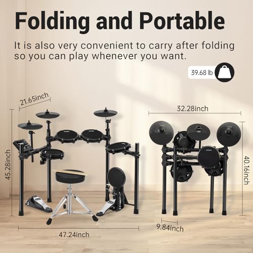 AODSK Electric Drum set for Adults Beginner with 225 Sounds and 15 Drum Kits,USB MIDI,Silent Mesh Drum Set with Heavy Duty Pedals,Contains Drum Throne,Drumsticks,Headphones,UAED-500