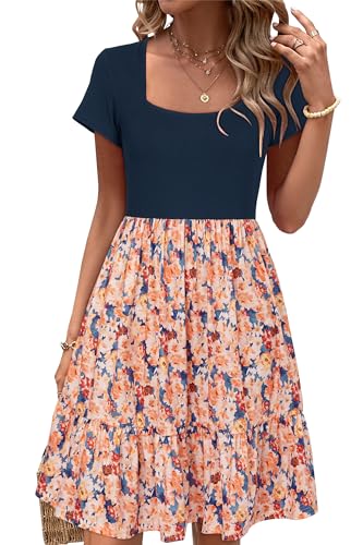 Image of Newshows Women's 2026 Summer Casual Square Neck Ruffle A Line Beach Vacation Sundress Work Business Dress with Pockets