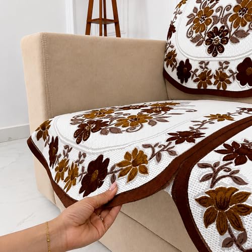 Image of Homerz Premium 'Surya Series' Sofa Cover | Stylish Sofa Protector | Net Fabric | Anti-Stain & Washable Slip Cover Exact Size Antislip (Daisy Brown, 2 Seater, Seat Cover with Backrest)