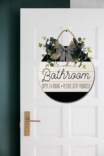 Miniatura 5 de LERJIMUX Letrero de puerta delantera de baño, coronas divertidas para colgar, placa de madera, decoración redonda de madera rústica, decoración de