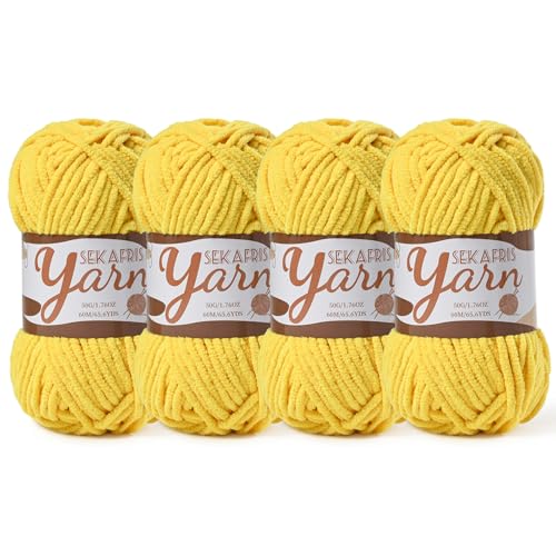Image of 4 Pack Fluffy Velvet Yarn for Crocheting,Baby Blanket Yarn for Crocheting Soft,200g(262.4yds) Amigurumi Yarns,Plush Chenille Crochet Yarns,Puzzle Yarn for Crochet Weaving Craft(4 Golden Yellow)