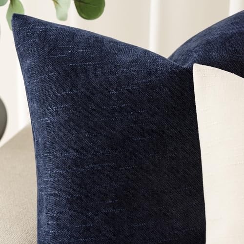 Image of Foindtower Pack of 2 Textured Chenille Throw Decorative Pillow Covers Square Accent Solid Cushion Cover Neutral Modern Farmhouse Pillow Case for Couch Sofa Bedroom Living Room 24x24 Inch,Navy Blue