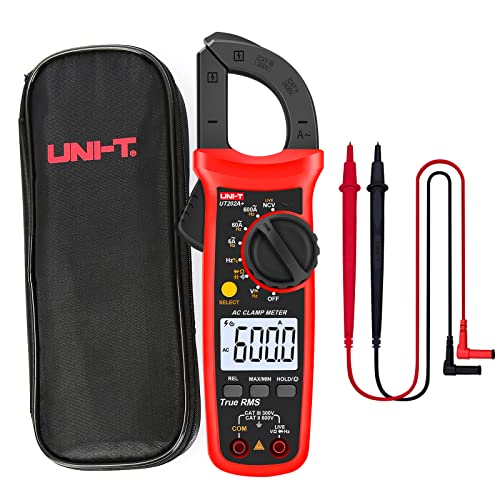 UNI-T Digital Clamp Meter UT202A+, AC Current TRMS HVAC Volt Amp Ohm Meter Clamp On Multimeter Auto Ranging 6000 Counts AC DC Voltage Frequency Resistance Capacitance Continuity Diode Live Wire Tester