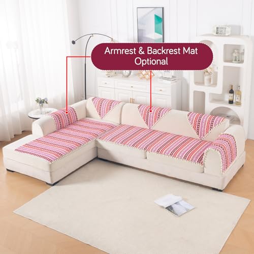 Image of HOKIPO L Shape (2+2 Seater) Sofa Cover Seat Mat | 300 GSM Cotton Acrylic Jacquard Fabric with Tassel, 'Trivana Series' Hot Pink (IN-934+935-J3)
