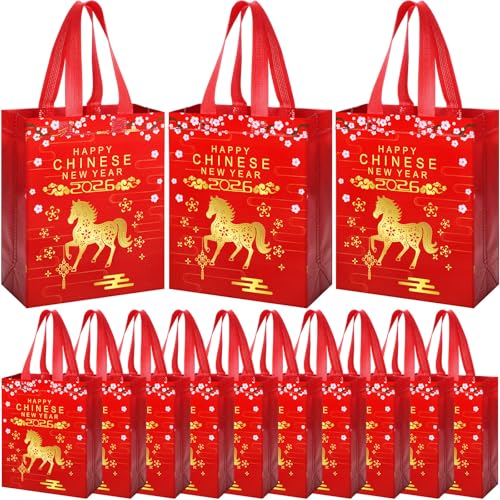 Supervitae 24 Pcs Chinese New Year 2026 Gift Bags with Handle Horse Lunar New Year Gift Bag Spring Festival Red Goodie Treat Party Supplies for Family Neighbor Friend Party Decor(9.8