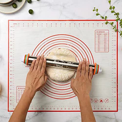 17'' Adjustable Rolling Pin Stainless Steel And 24"X16" Silicone Pastry Baking Mat Set，Adjustable Size Rolling Pin With Thickness Rings, Baking Tools For Making Pizza, Cookies, Fudge, Cakes, Pasta #TOP5