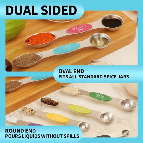 Image of Magnetic Measuring Spoons Set of 9 with Leveler, Color-Coded Dual Sided Stainless Steel Measuring Spoon Set, Stackable Teaspoon and Tablespoon Set for Baking, Cooking, Kitchen Gadgets.