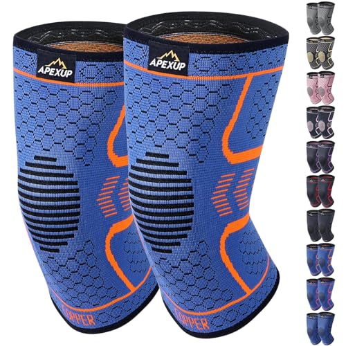 APEXUP Compression Knee Brace for Women, Copper Compression Sleeve for Knee Support, Arthritis Pain Relief, Meniscus Tear, ACL, Running Blue+Orange La