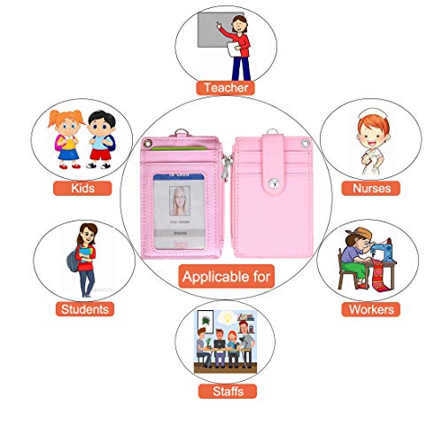 Image of ID Badge Holder with Lanyard,2 Sided 5 Card Slots ID Card Holder Wallet with PU Leather Zipper Pocket and Detachable Keychain Lanyard for Teens Women(Pink)