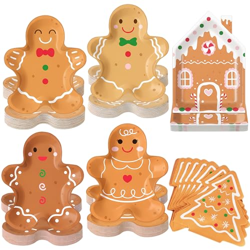 OuMuaMua 75Pcs Christmas Gingerbread Paper Plates Gingerbread Man House Shape Disposable Plate Decorative Tableware Christmas Tree Dinner Napkin for Xmas Holiday Birthday Party Supplies